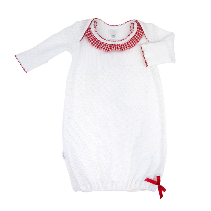 White Long Sleeve Baby Knit Gown with Red Gingham Ruffle