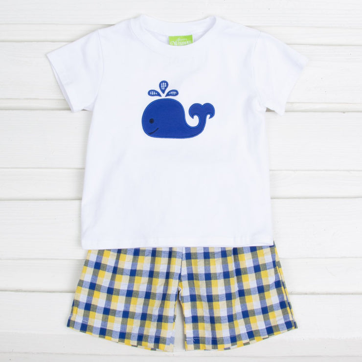 Yellow and Royal Plaid Whale Short Set