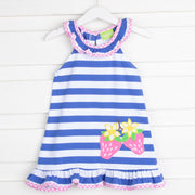 Blue Stripe Strawberry Ruffle Collar Dress