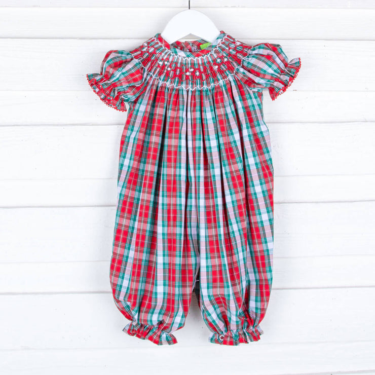 Geometric Smocked Red and Green Plaid Long Bubble