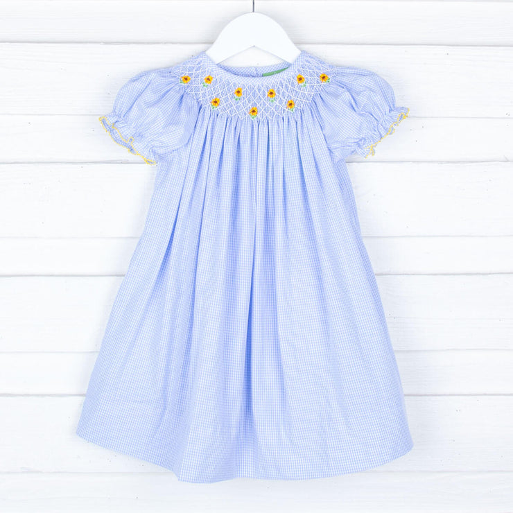 Sunflower Smocked Blue Gingham Dress
