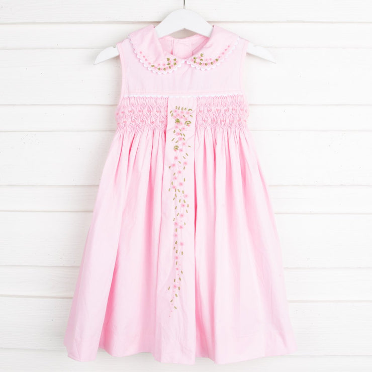Collared Smocked Dress Embroidered Pink