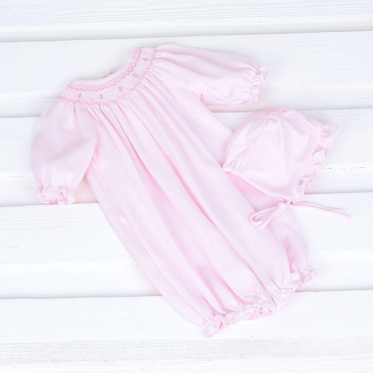 Smocked Rosebud Pink Baby Gown and Bonnet Set
