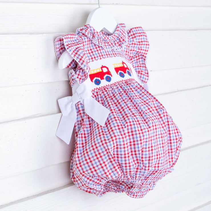 Fire Truck Smocked Beverly Plaid Bubble