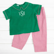 Christmas Green Corduroy and Red Collared Pant Set
