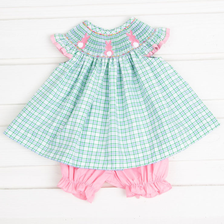 Bunny Bum Smocked Bloomer Set Blue and Green Plaid