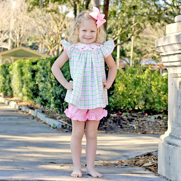 Flamingo Smocked Short Set Pink and Green Plaid – Smocked Auctions