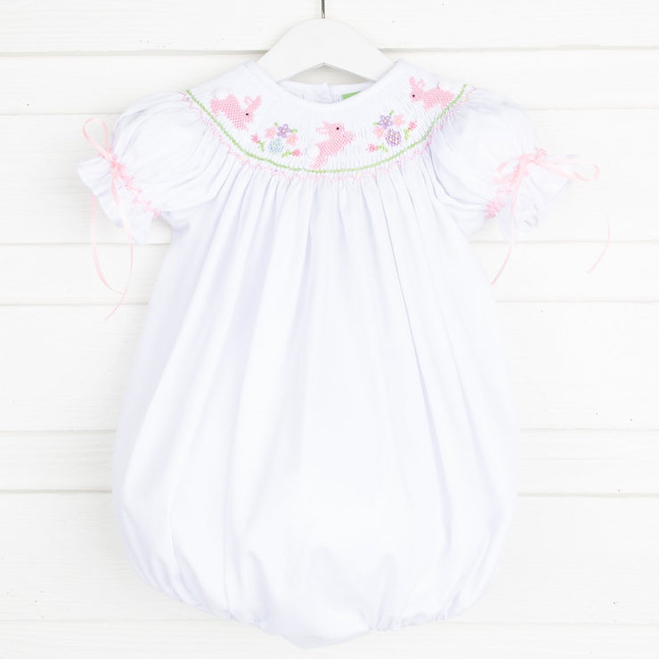 Pink Bunny Smocked Bubble White Pique