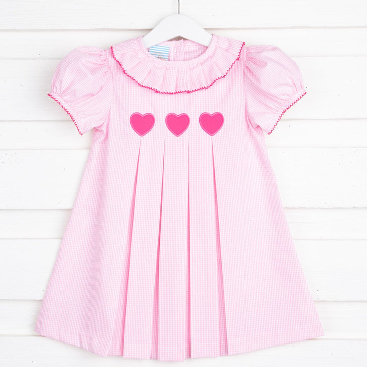Heart Applique Pleated Collar Dress Pink Gingham