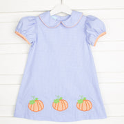 Pumpkin Applique Sally Dress Light Blue Gingham