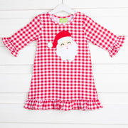 Red Knit Gingham Santa Face Ruffle Dress