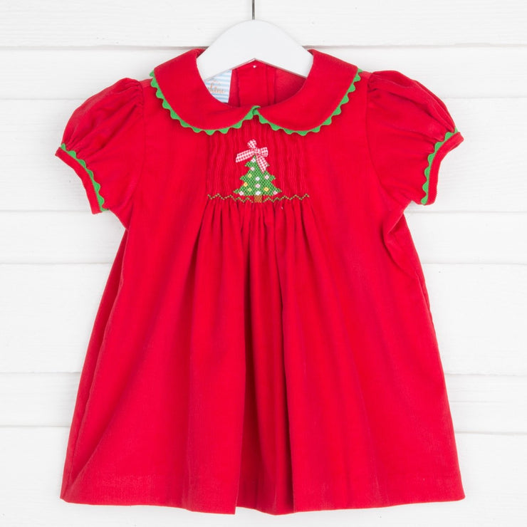 Red Single Smocked Christmas Tree Dress