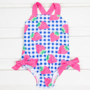 Strawberry Cross Back One Piece Royal Blue Gingham