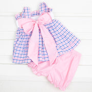 Whale Smocked Bow Back Bloomer Set Pink and Blue Plaid Seersucker