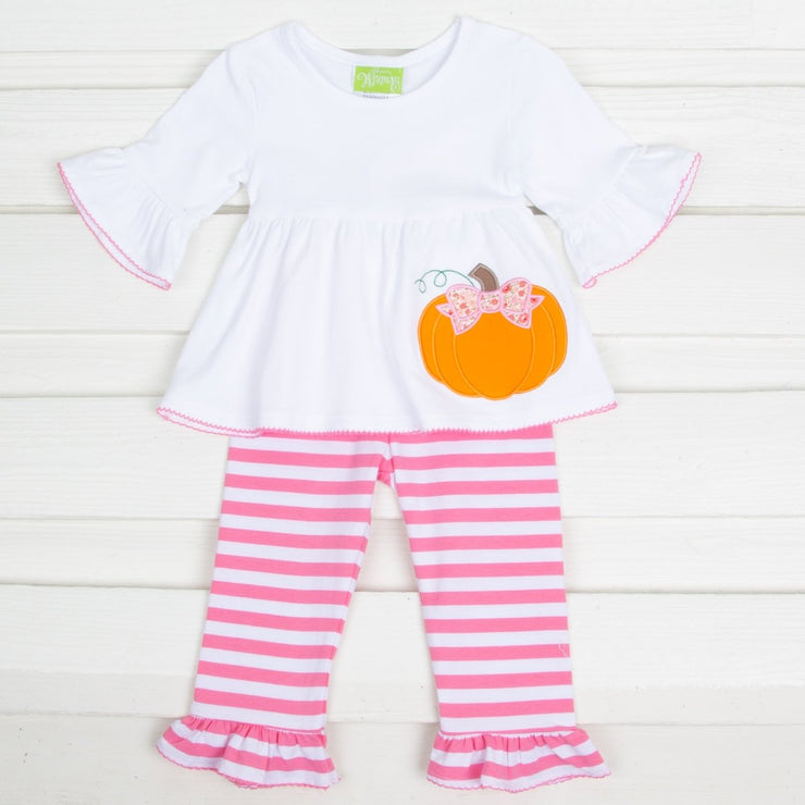 Pumpkin Yoke Neck Legging Set Pink and White Stripe