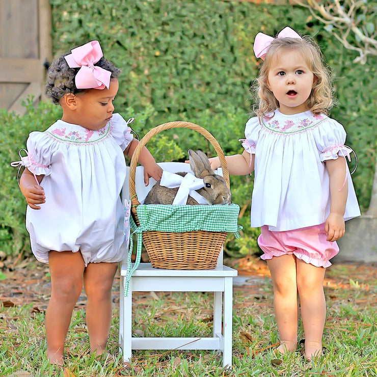 Pink Bunny Smocked Bubble White Pique
