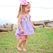 Whale Smocked Bow Back Bloomer Set Pink and Blue Plaid Seersucker